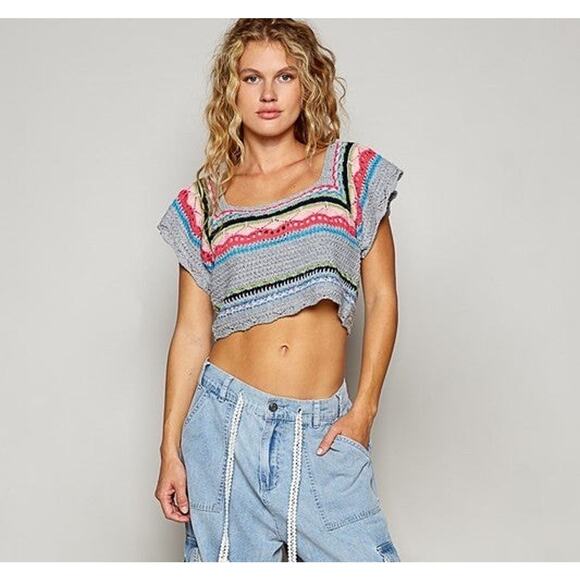 POL Crochet Bohemian Short Sleeve Crop Top Colorful Granny Knit Boho Size Small - Picture 3 of 6
